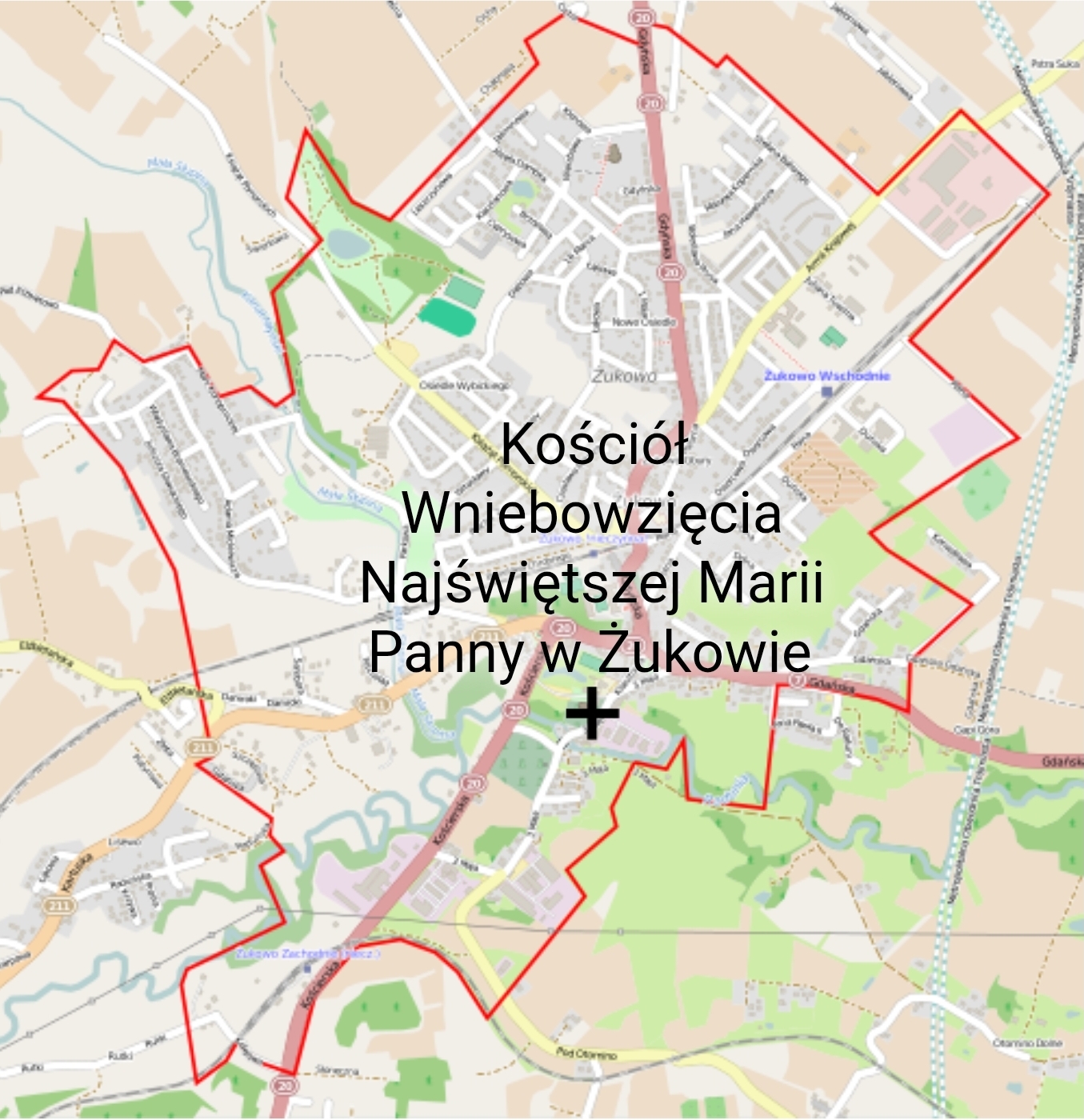 Mapa lokalizacyjna Żukowa z zaznaczonym kościołem